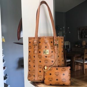 Authentic MCM Cognac Leather Bucket Bag & Pouch